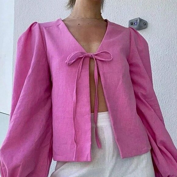 Tops - Hot Pink Casual Women's Solid Color Front Tie Lantern Sleeve Loose Blouse